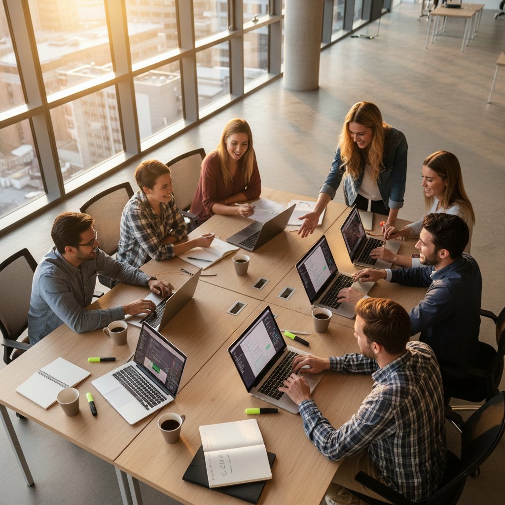 Digital professionals training intensive bootcamp classroom with students learning programming and design